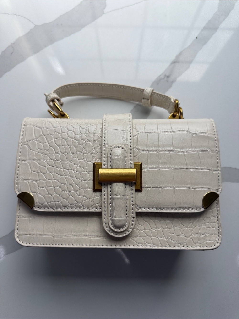 Amazon Cream Croc-Embossed Mini Top Handle Bag with Gold Tone Hardware